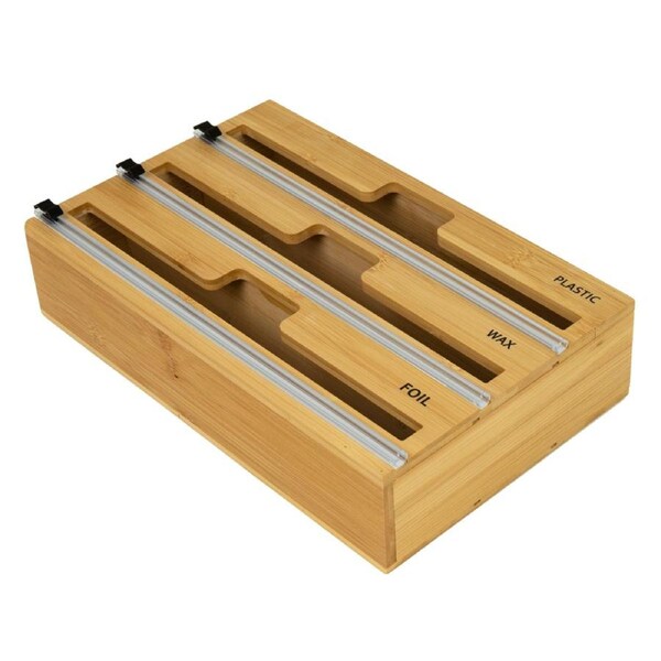 3 Grids Bamboo Food Wrap Dispenser Cutter Foil Cling Film Storage Holder Box Kitchen
