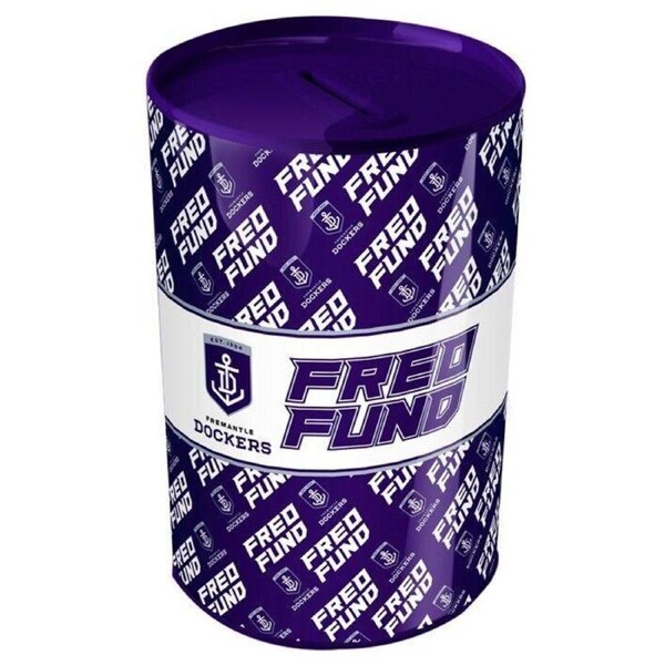 AFL Tin Money Box - Fremantle Dockers - 21cm Tall x 10cm Wide