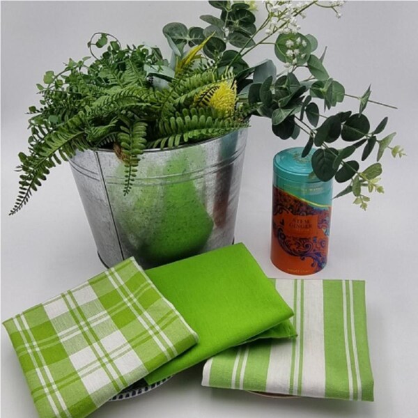 RANS Madrid Stripe & Check Tea Towels - 3 piece set - Lime Green