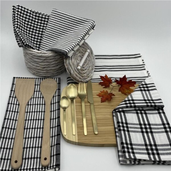 RANS Milan Tea Towels Check & Stripe Designs - 5 Piece Sets - BLACK
