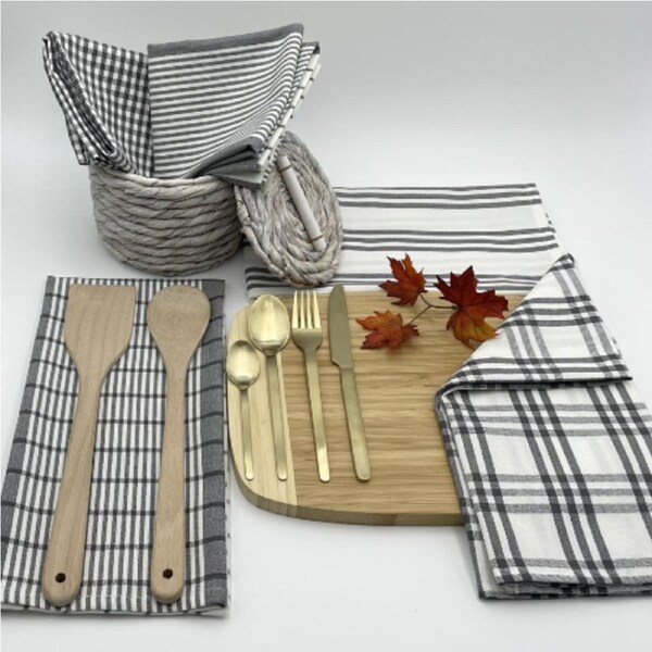 RANS Milan Tea Towels Check & Stripe Designs - 5 Piece Sets - CHARCOAL