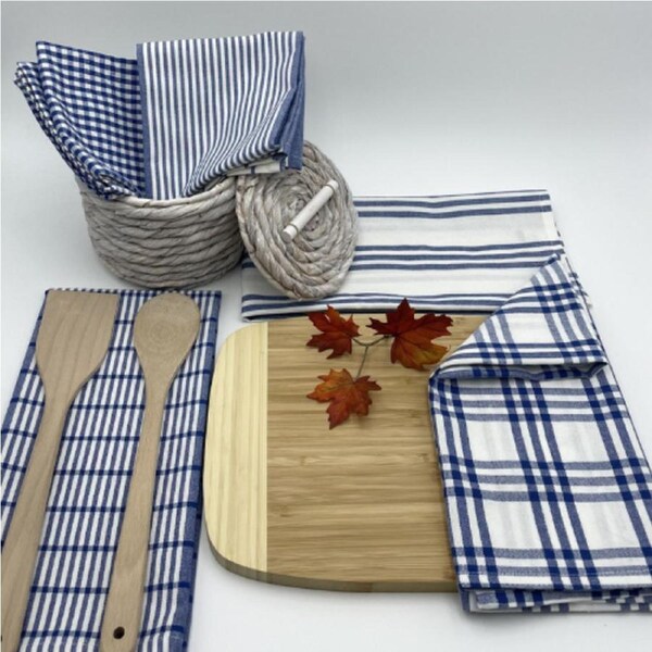 RANS Milan Tea Towels Check & Stripe Designs - 5 Piece Sets - COBALT BLUE