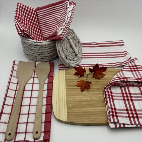 RANS Milan Tea Towels Check & Stripe Designs - 5 Piece Sets - RED