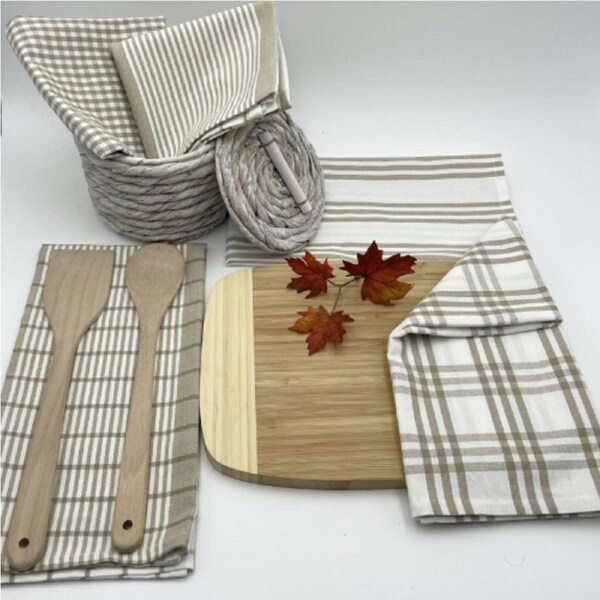 Rans Milan Tea Towels Check & Stripe Designs - 5 Piece Sets - TAUPE