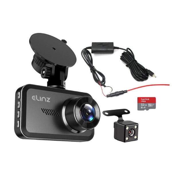 Elinz Car Dash Camera 3" HD 1080P FHD Front Rear Dual Cam Hardwire Kit 32GB