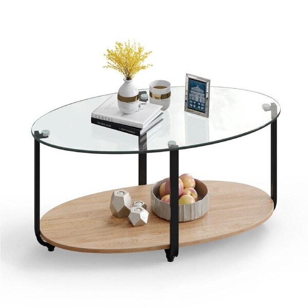 Giantex 2-Tier Coffee Table Oval Modern Side Table W/Glass Tabletop & Wooden Shelf Accent Center Table for Home Office