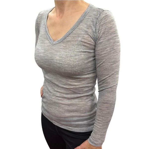 Merino Skins Verona Womens V-Neck Long Sleeve Thermal Underwear Soft Grey Marle L