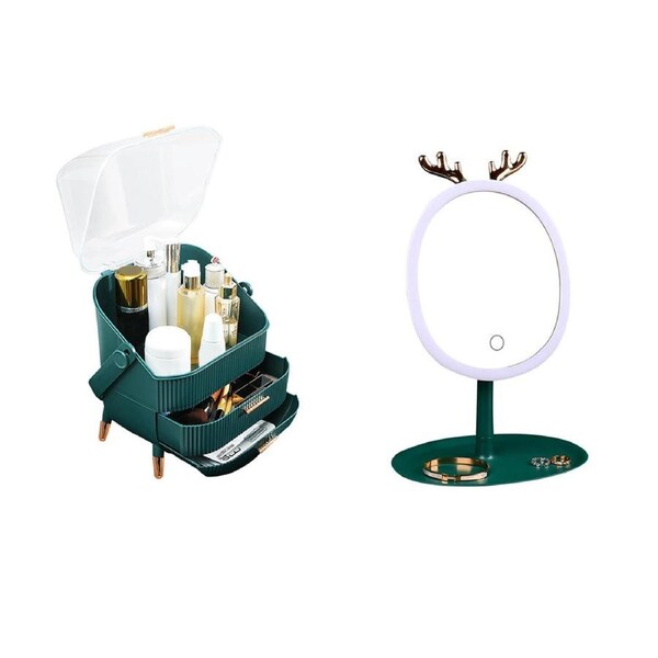 SOGA Green Cosmetic Jewelry Storage Organiser with Antler LED Light Mirror Tabletop Vanity Set