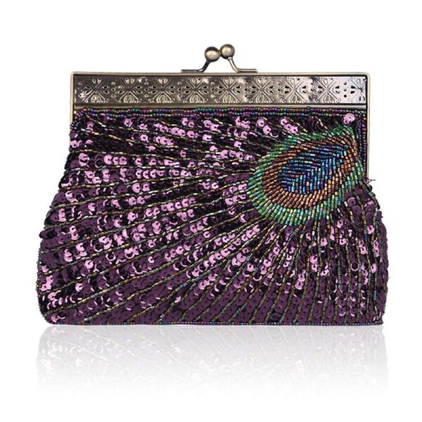 Nevenka Peacock Clutch Sequined Beaded Evening Handbag-Purple