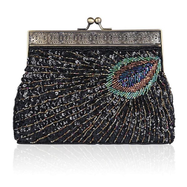 Nevenka Peacock Clutch Sequined Beaded Evening Handbag-Black