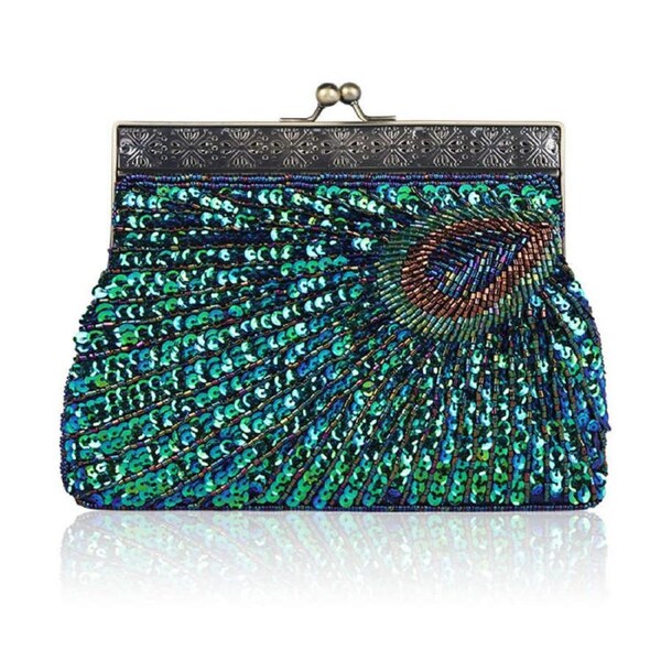 Nevenka Peacock Clutch Sequined Beaded Evening Handbag-Blue