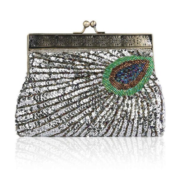 Nevenka Peacock Clutch Sequined Beaded Evening Handbag-Silver