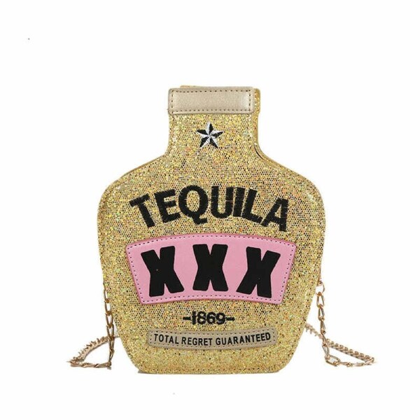 Nevenka Tequila Bottle Shaped Laser Shoulder Handbags PU Crossbody Purse for Women-SequinGold