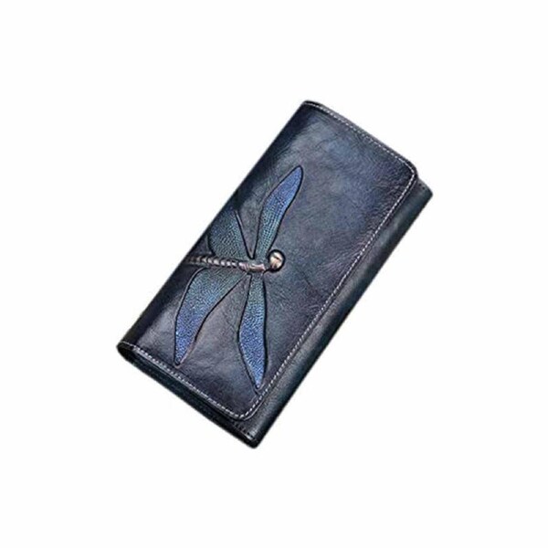 Nevenka Slim Wallets for Women Embossed Dragonfly Leather Wallet Cellphone Clutch-DarkBlue