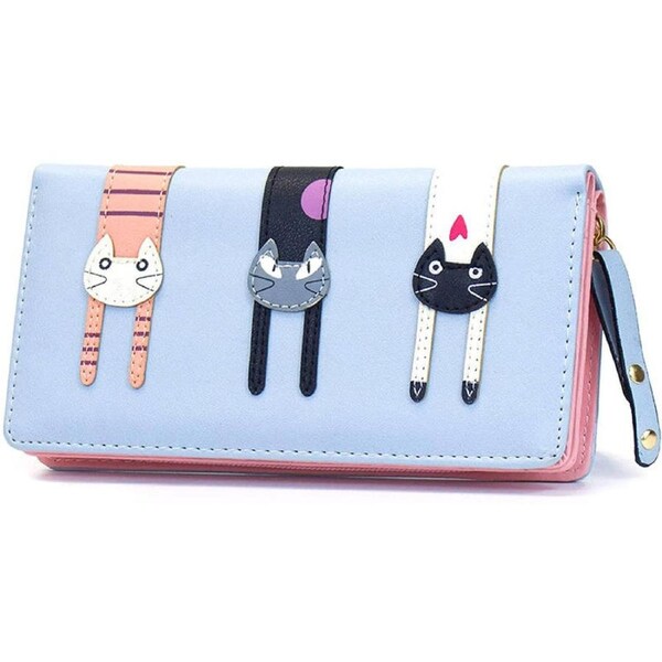 Nevenka Womens Cute Cat Wallet Bifold Long Coin Purse with Zipper-LightBlue