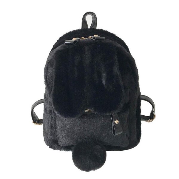 Nevenka Women Cute Rabbit Ears Backpack Fluffy School Bag Satchel-Black