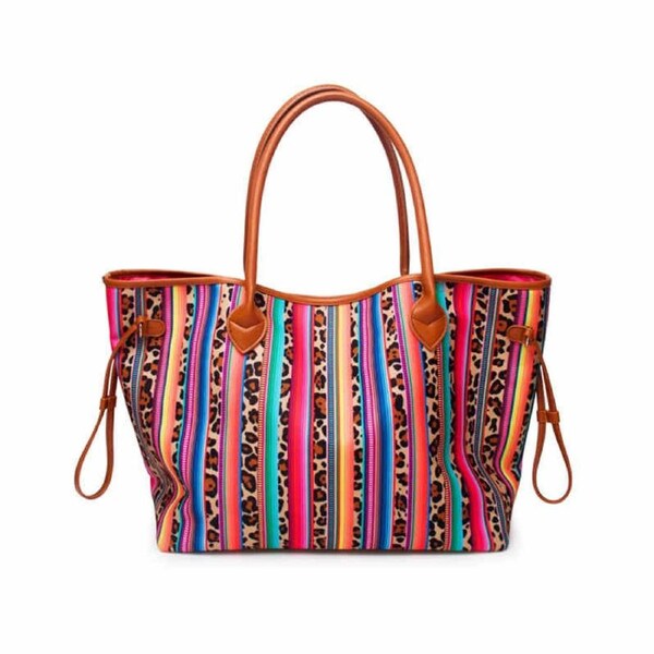 Nevenka Leopard Print Striped Large Capacity Tote Bag PU leather Shopping Bag-LeopardPrint