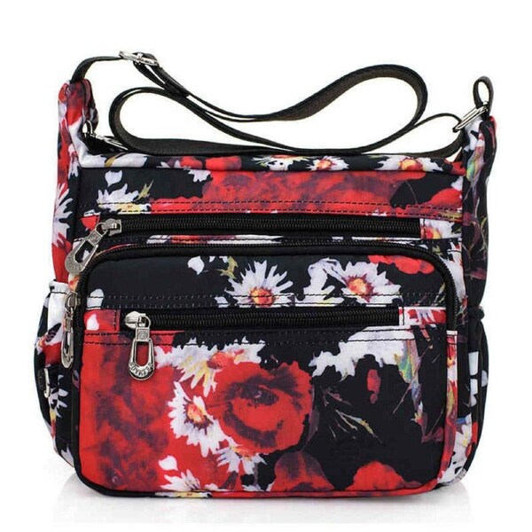 Nevenka Women Nylon Floral Crossbody Bag Multi Pocket Shoulder Bag-Red Flower