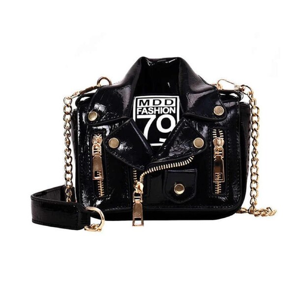 Nevenka Women Motorcycle Jacket Crossbody Bag Punk Style Lapel Collar Satchel Bag-Black