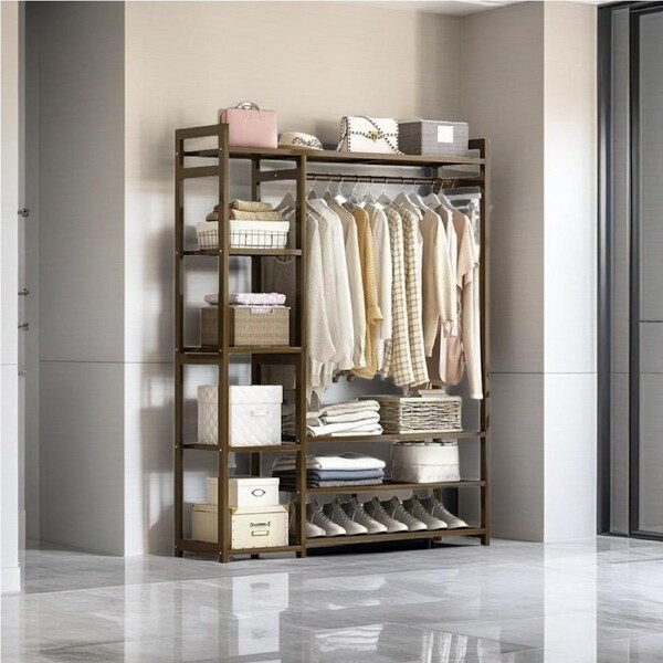 Bamboo Clothes Rack Garment Closet Storage Organizer Hanging Rail Shelf Dress room TYPE A - 110cmx30cmx150cm / Dark Brown Finished