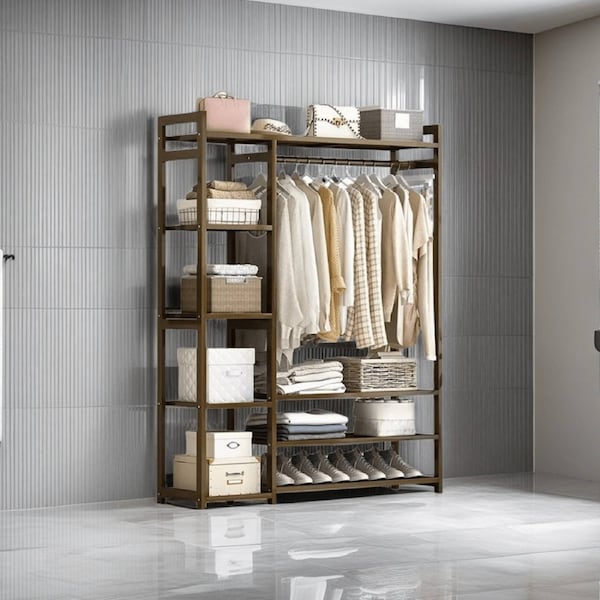 Bamboo Clothes Rack Garment Closet Storage Organizer Hanging Rail Shelf Dress room Dark Brown Finished / TYPE B - 120cmx30cmx150cm