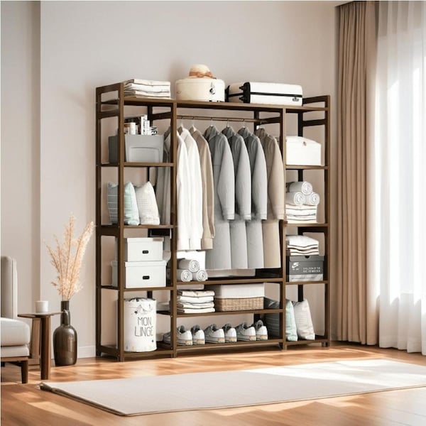 Bamboo Clothes Rack Garment Closet Storage Organizer Hanging Rail Shelf Dress room TYPE C - 130cmx30cmx150cm / Dark Brown Finished