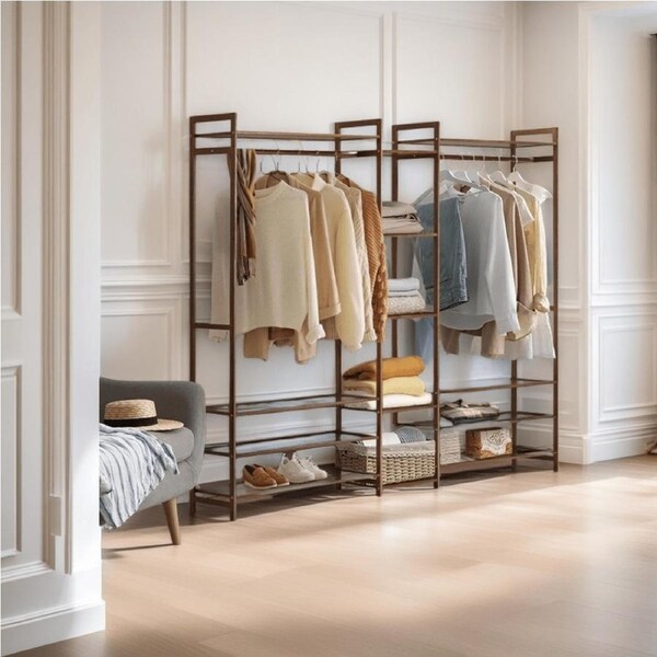 Bamboo Clothes Rack Garment Closet Storage Organizer Hanging Rail Shelf Dress room TYPE D - 170cmx30cmx150cm / Dark Brown Finished