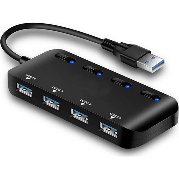 Four-Port USB 3.0 Hub with Individual Power Switches and LEDs-Black