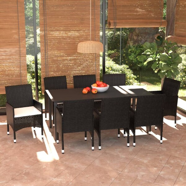 9 Piece Garden Dining Set with Cushions Poly Rattan Black vidaXL