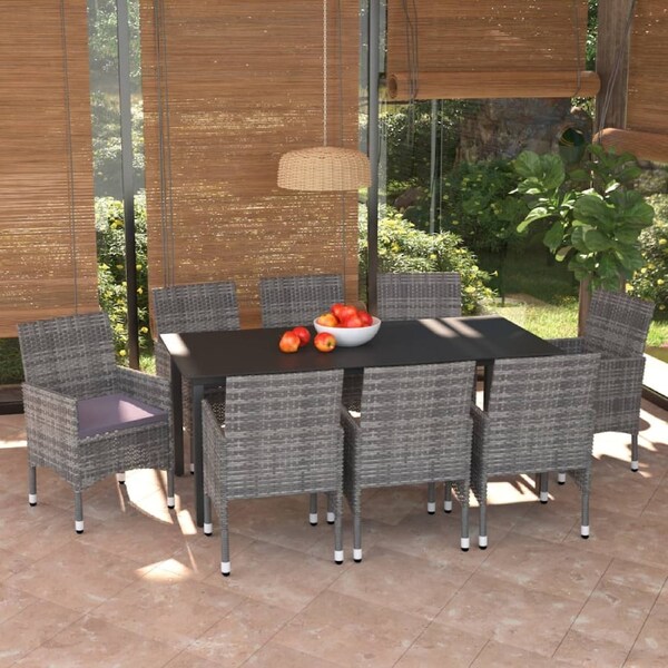 9 Piece Garden Dining Set with Cushions Poly Rattan Grey vidaXL