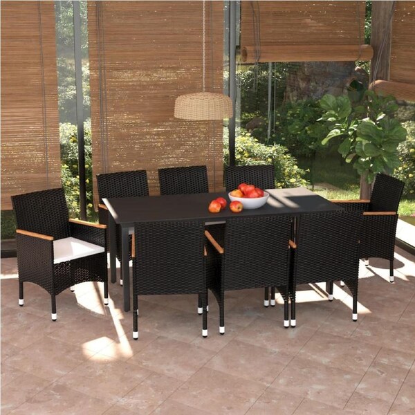 9 Piece Garden Dining Set with Cushions Poly Rattan Black vidaXL