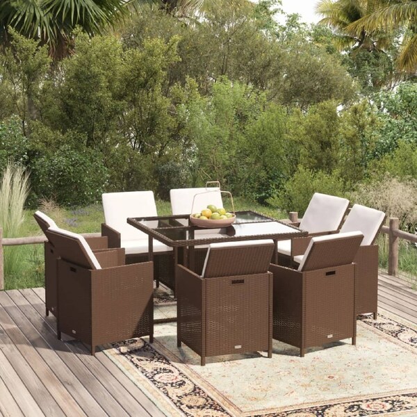 9 Piece Garden Dining Set with Cushions Poly Rattan Brown vidaXL