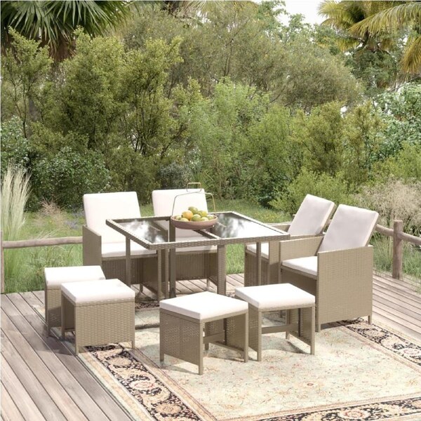 9 Piece Garden Dining Set with Cushions Poly Rattan Beige vidaXL