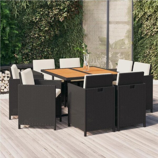 9 Piece Garden Dining Set with Cushions Poly Rattan Black vidaXL
