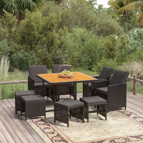 9 Piece Garden Dining Set with Cushions Poly Rattan Black vidaXL