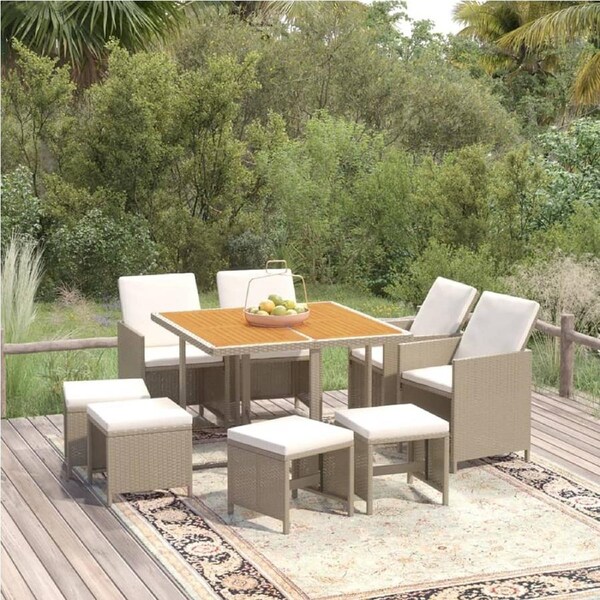 9 Piece Garden Dining Set with Cushions Poly Rattan Beige vidaXL