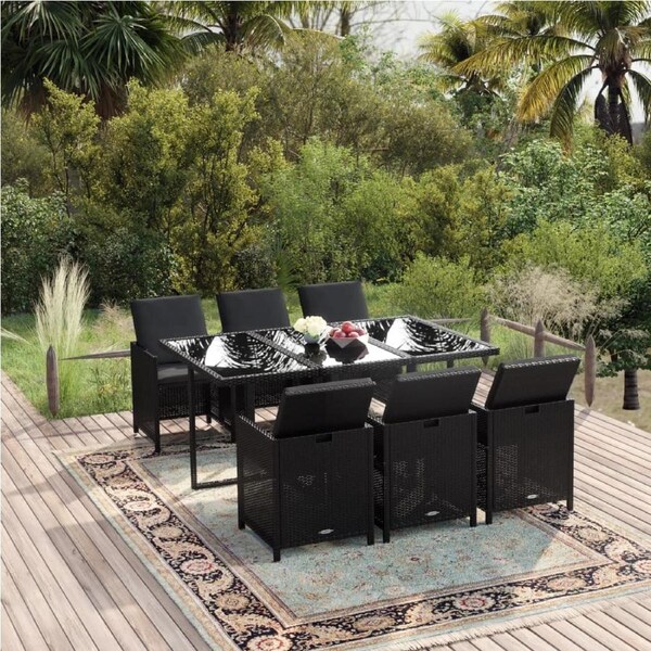 7 Piece Garden Dining Set with Cushions Poly Rattan Black vidaXL