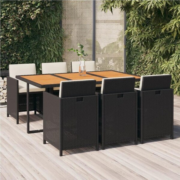 7 Piece Garden Dining Set with Cushions Poly Rattan Black vidaXL