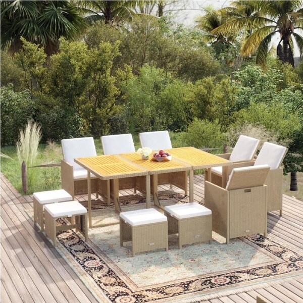 11 Piece Garden Dining Set with Cushions Poly Rattan Beige vidaXL