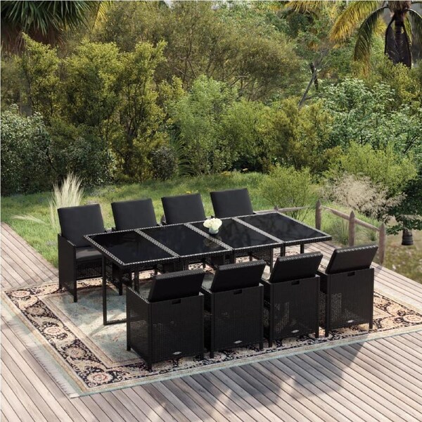 9 Piece Garden Dining Set with Cushions Poly Rattan Black vidaXL