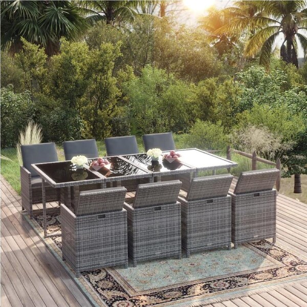 9 Piece Garden Dining Set with Cushions Poly Rattan Grey vidaXL
