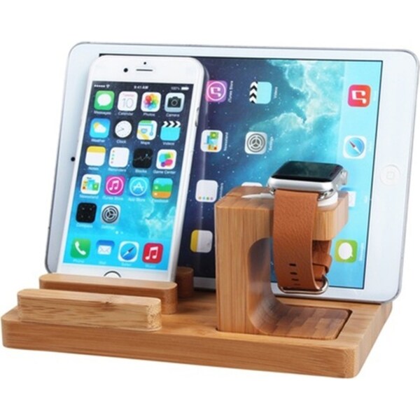 3 in 1 Bamboo Wood Charging Stand Cradle Holder for Apple Watch and iPhone