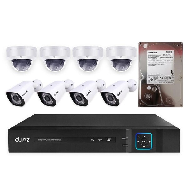 Elinz 8CH AHD CCTV DVR 4x Outdoor Bullet 4x Vandal-proof Dome Security Camera System 4TB HDD