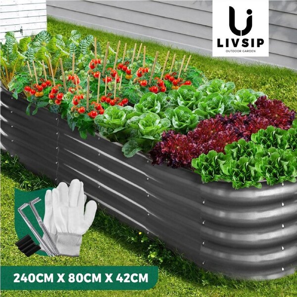 Livsip Galvanised Raised Garden Bed Steel Vegetable Planter 240X80X42CM