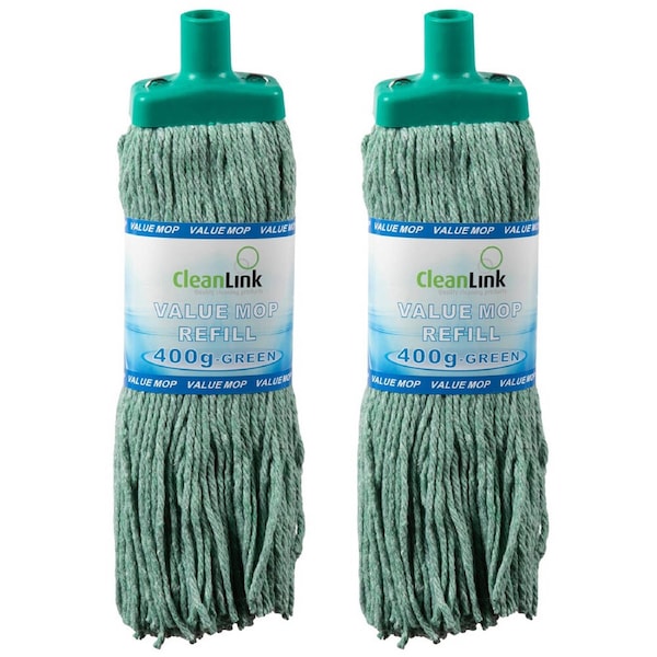 2x Cleanlink 400g Fibre Mop Head Replacement/Refill Commercial Cleaner Green