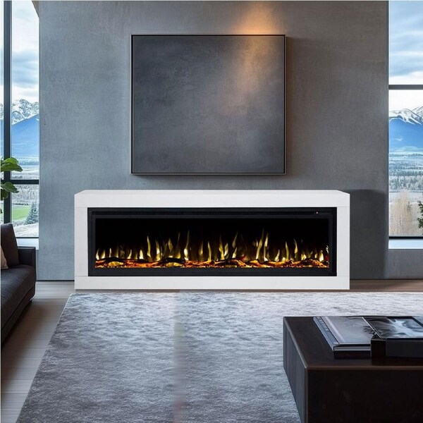 Concerto 1500W 60 Inch Electric Fireplace Insert with Horizon White Mantel Suite