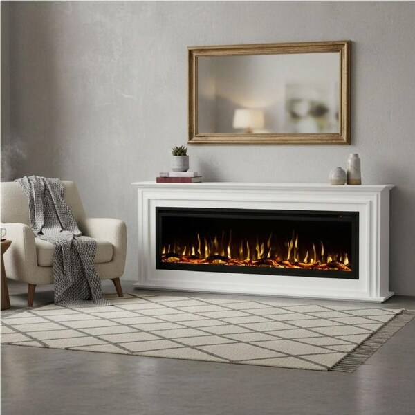 Concerto 1500W 60 Inch Electric Fireplace Insert with Eton White Mantel Suite
