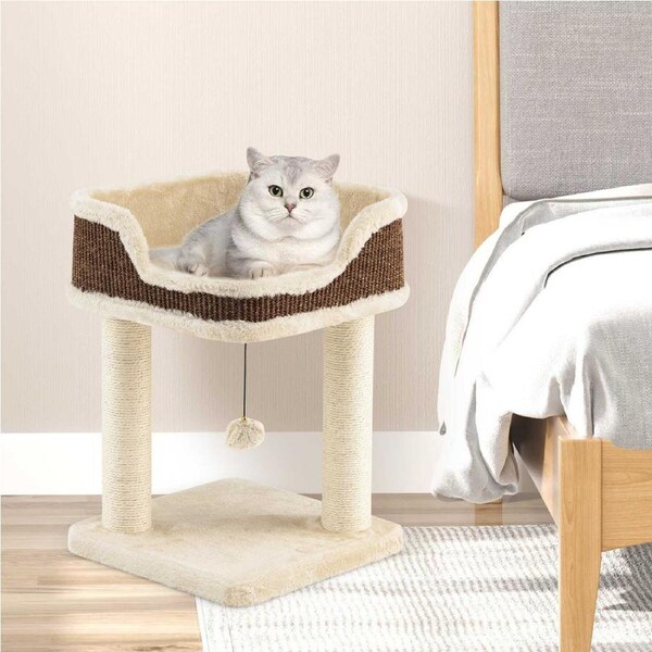 Costway Wood Cat Tree Cat Tower Plush Kitten Condo House Bed Sisal Scratching Posts 51cm Beige