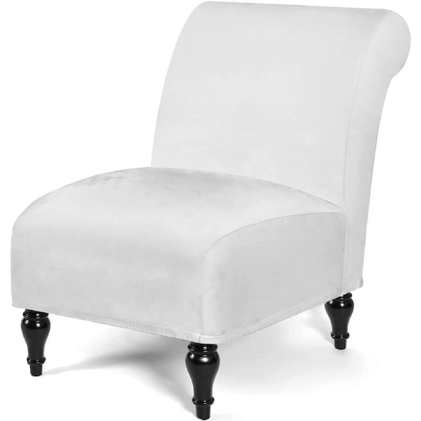 Armless Velvet Accent Chair Slipcover High Stretch Chair Covers with Elastic Bottom Removable Chair Slipcover Without Arms for Living Room Hotel, White