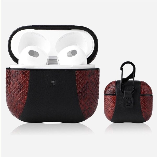 For AirPods 3rd Gen Case, PU Leather Snakeskin Texture, Protective Cover, Buckle, Coffee